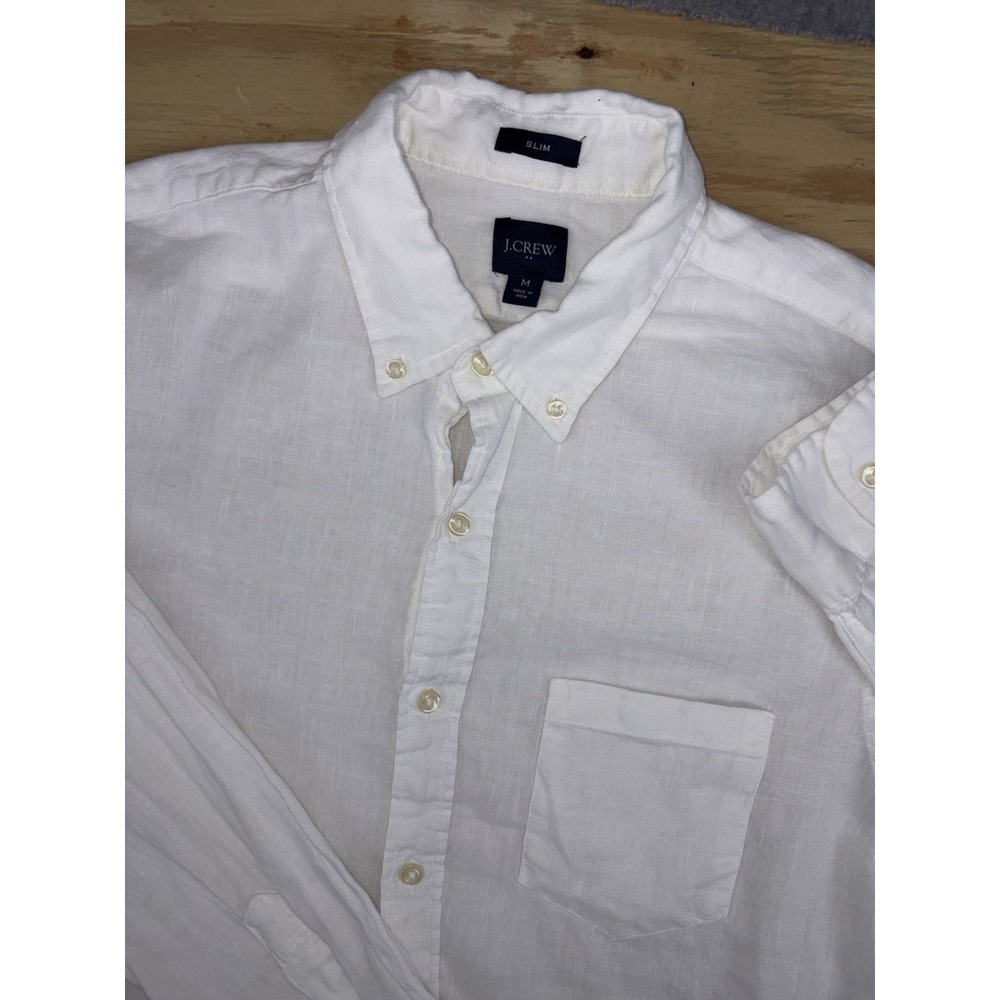 J Crew Solid White Linen Cotton Blend Long Sleeve Button Down Men Medium